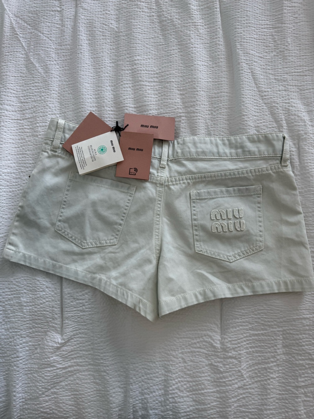 Miu Miu Cream Denim Shorts with Embroidered Back Pocket